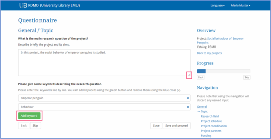 This screenshot from RDMO shows an example page from the question catalogue. There are various options available for question responses, for example free-text format.