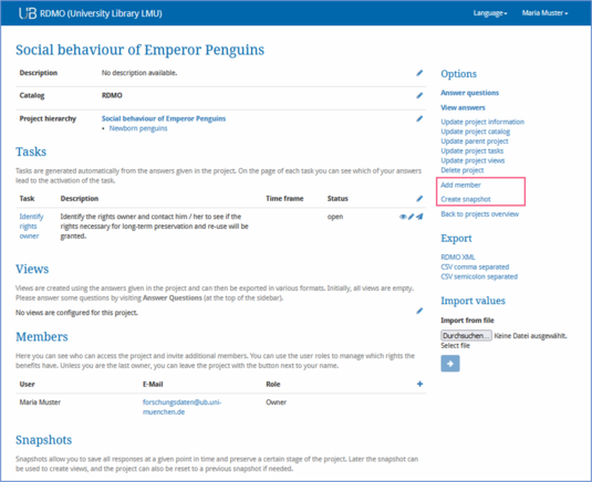 This screenshot shows an overview of a project in RDMO, with the focus on the functions “Add member” and “Create snapshot”